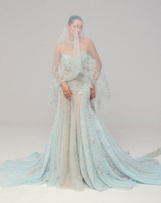Blue tulle corset with stitched sari