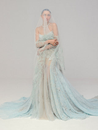 Blue tulle corset with stitched sari