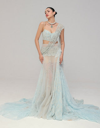 Blue tulle corset with stitched sari