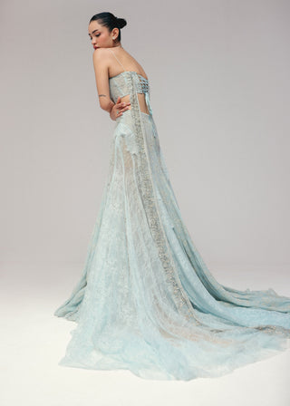 Blue tulle corset with stitched sari