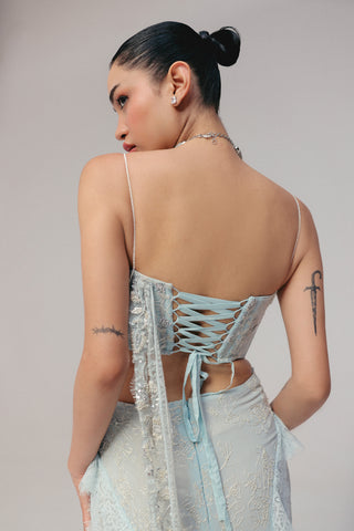 Blue tulle corset with stitched sari