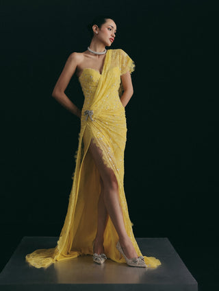 Yellow couture sari set