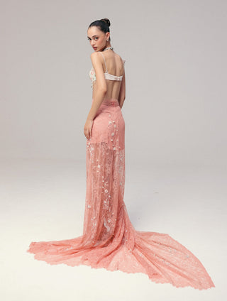Pink corded lace skirt with blouse
