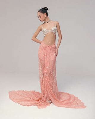 Pink corded lace skirt with blouse