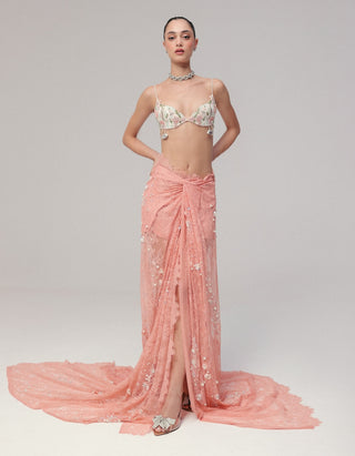 Pink corded lace skirt with blouse