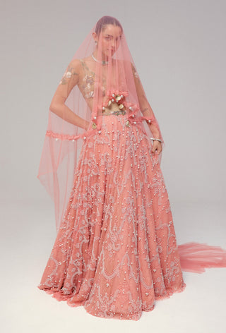 Pink pearl shell embroidered lehenga set