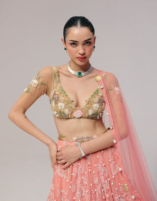 Pink pearl shell embroidered lehenga set