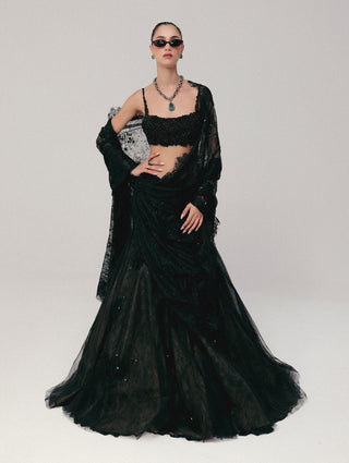 Black embroidered tulle lehenga set