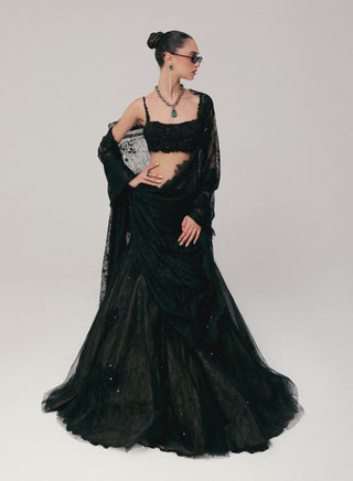Black embroidered tulle lehenga set