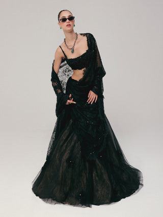 Black embroidered tulle lehenga set