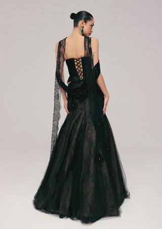 Black lace corset and lehenga set