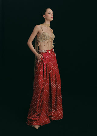 Red silk blouse and trousers