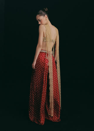 Red silk blouse and trousers