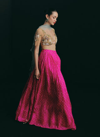 Pink bandhini silk skirt set