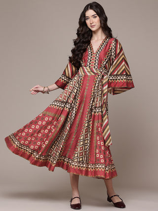 Maroon geo tribe fit & flare dress