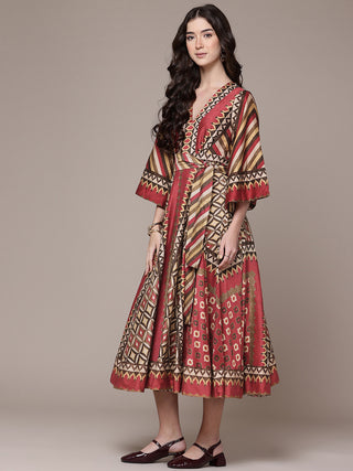 Maroon geo tribe fit & flare dress