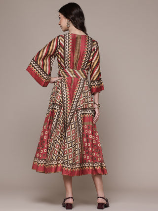 Maroon geo tribe fit & flare dress