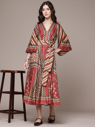 Maroon geo tribe fit & flare dress