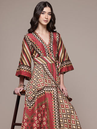 Maroon geo tribe fit & flare dress