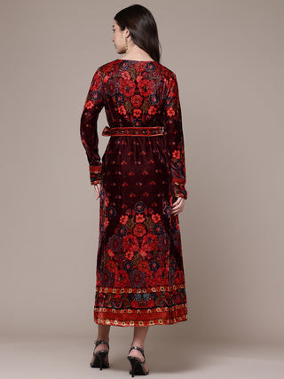 Maroon sasha print fit & flare dress