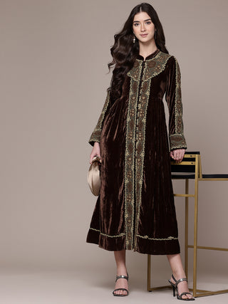 Brown full sleeves solid dress