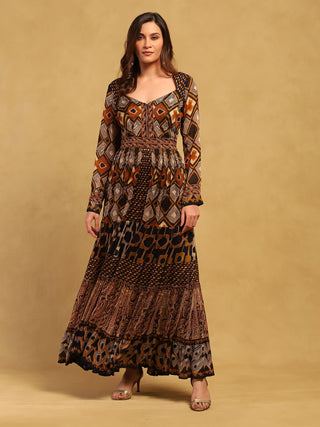 Brown meraki border maxi dress