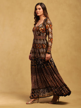 Brown meraki border maxi dress