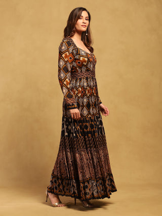 Brown meraki border maxi dress