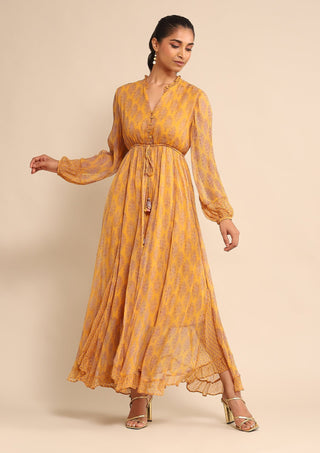 Ritu Kumar-Yellow Printed Long Dress-INDIASPOPUP.COM