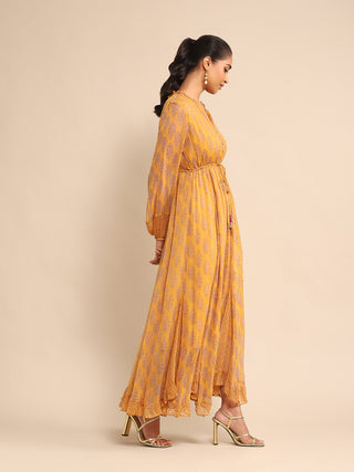 Ritu Kumar-Yellow Printed Long Dress-INDIASPOPUP.COM