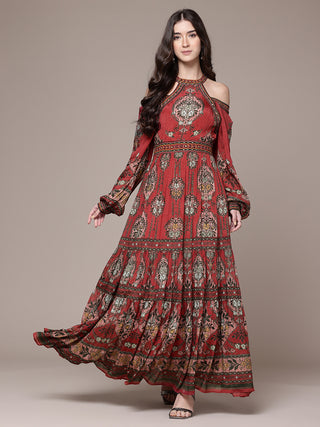 Rust tapti fit & flare long dress