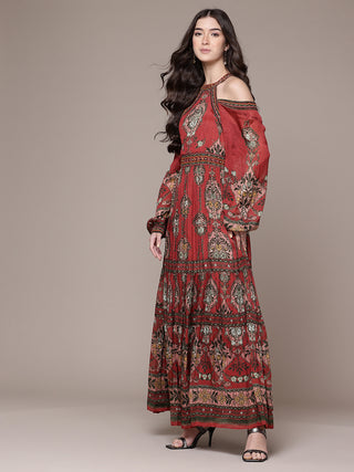 Rust tapti fit & flare long dress