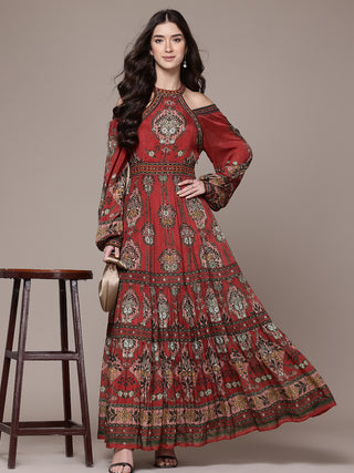 Rust tapti fit & flare long dress
