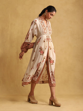 Ritu Kumar-Off-White Printed Crepe Dress And Inner-INDIASPOPUP.COM