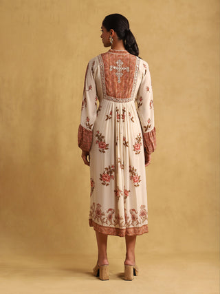 Ritu Kumar-Off-White Printed Crepe Dress And Inner-INDIASPOPUP.COM