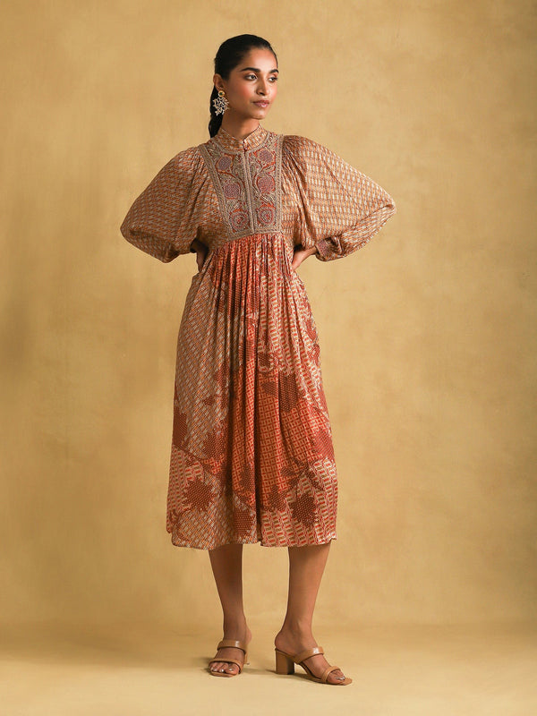 Rust Micro Print Embroidered Dress