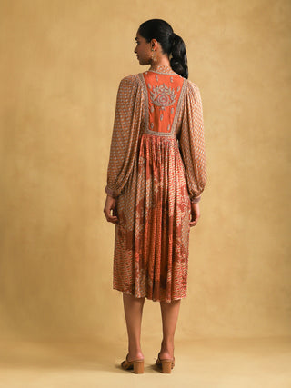Ritu Kumar-Rust Micro Print Embroidered Dress-INDIASPOPUP.COM