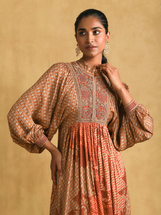 Ritu Kumar-Rust Micro Print Embroidered Dress-INDIASPOPUP.COM