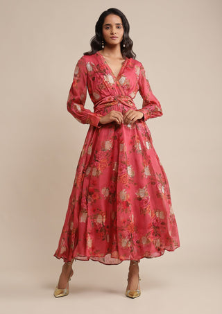 Ritu Kumar-Coral Floral Print Organza Dress-INDIASPOPUP.COM
