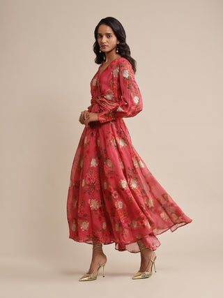 Ritu Kumar-Coral Floral Print Organza Dress-INDIASPOPUP.COM