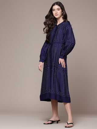 Navy blue stitch fit & flare long dress