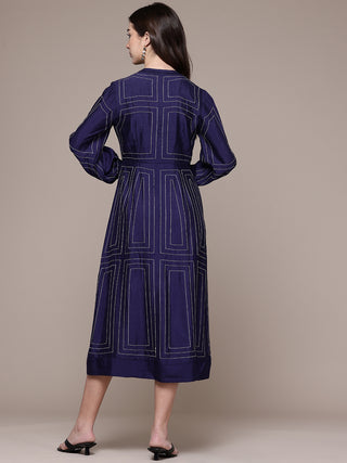 Navy blue stitch fit & flare long dress