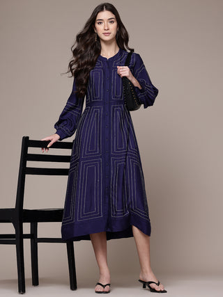 Navy blue stitch fit & flare long dress