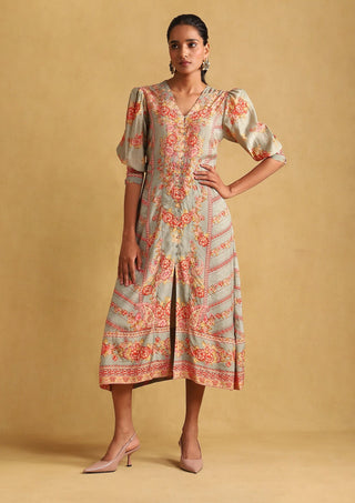 Ritu Kumar-Green Floral Print Dress-INDIASPOPUP.COM
