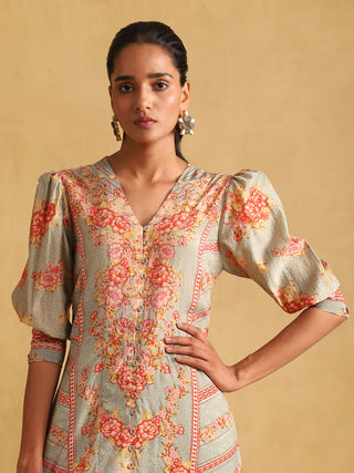 Ritu Kumar-Green Floral Print Dress-INDIASPOPUP.COM
