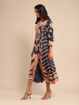 Ritu Kumar-Navy Floral Print Dress-INDIASPOPUP.COM