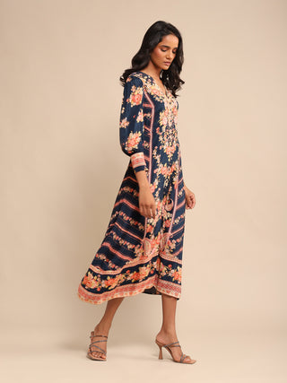 Ritu Kumar-Navy Floral Print Dress-INDIASPOPUP.COM