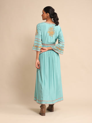 Ritu Kumar-Turquoise Embroidered Dress-INDIASPOPUP.COM