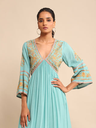 Ritu Kumar-Turquoise Embroidered Dress-INDIASPOPUP.COM
