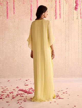 Lemon yellow embellished full-length draped kaftan